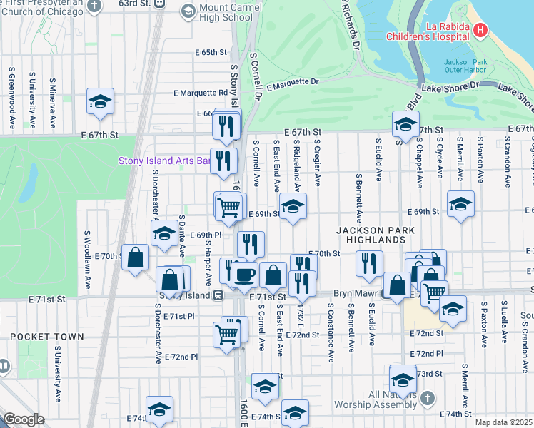 map of restaurants, bars, coffee shops, grocery stores, and more near S Cornell Ave & E 69th St in Chicago