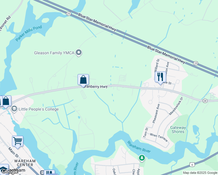 map of restaurants, bars, coffee shops, grocery stores, and more near 2661 Cranberry Highway in Wareham