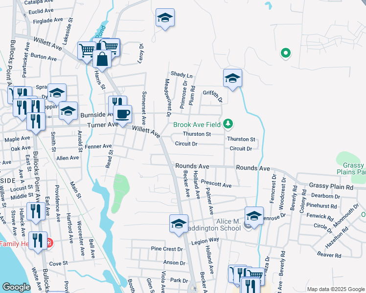 map of restaurants, bars, coffee shops, grocery stores, and more near 15 Winslow Street in East Providence
