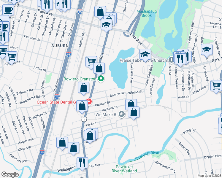 map of restaurants, bars, coffee shops, grocery stores, and more near 91 Sharon Street in Cranston