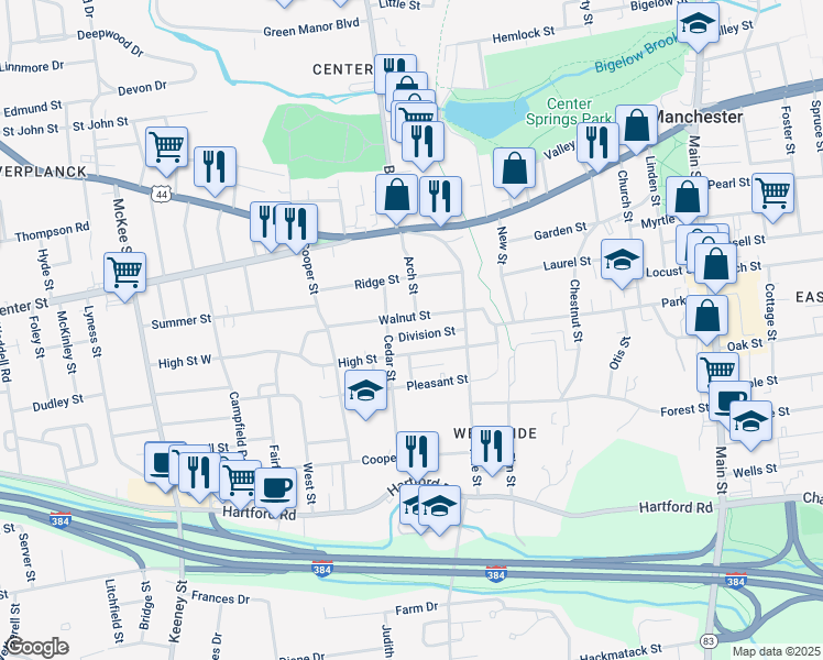map of restaurants, bars, coffee shops, grocery stores, and more near 11 Beech Street in Manchester