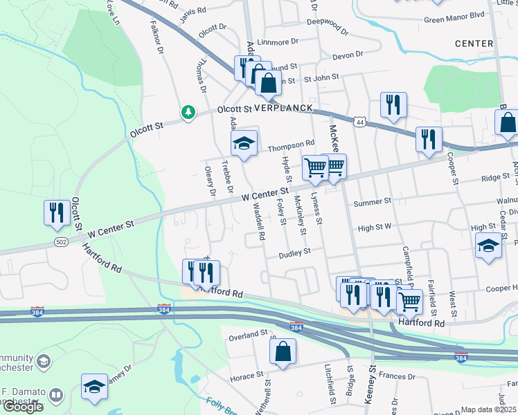 map of restaurants, bars, coffee shops, grocery stores, and more near 30 Waddell Road in Manchester