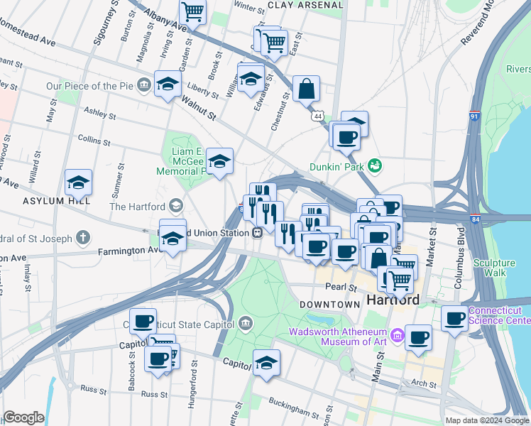 map of restaurants, bars, coffee shops, grocery stores, and more near 54 Union Place in Hartford