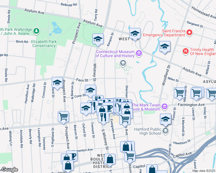 map of restaurants, bars, coffee shops, grocery stores, and more near 76 Kenyon Street in Hartford