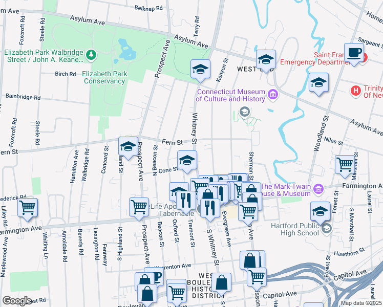 map of restaurants, bars, coffee shops, grocery stores, and more near 18 Cone Street in Hartford