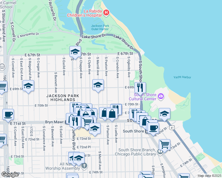 map of restaurants, bars, coffee shops, grocery stores, and more near 6917 South Paxton Avenue in Chicago