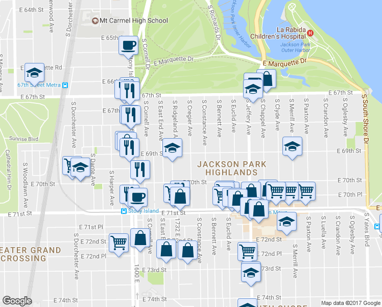 map of restaurants, bars, coffee shops, grocery stores, and more near 6926 South Cregier Avenue in Chicago