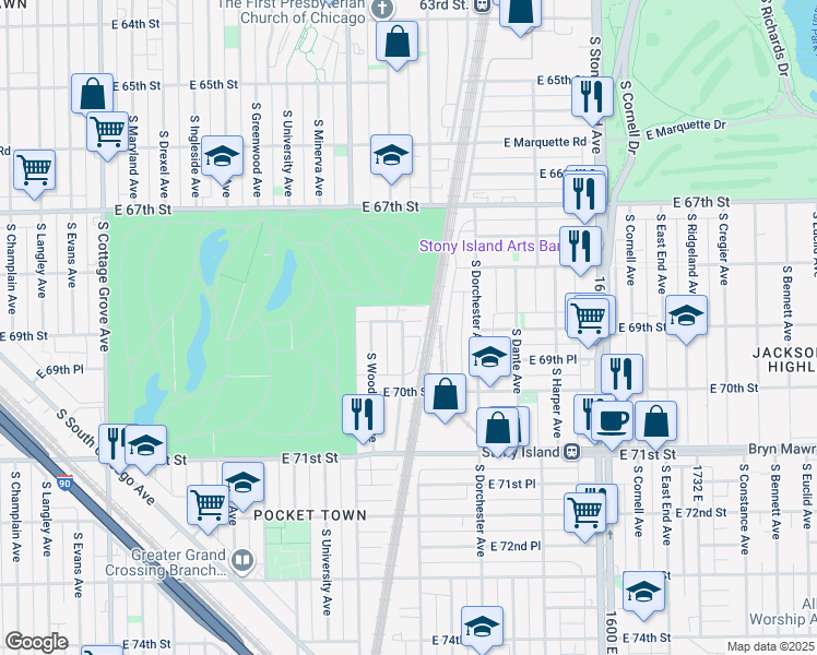 map of restaurants, bars, coffee shops, grocery stores, and more near 6930 South Kimbark Avenue in Chicago