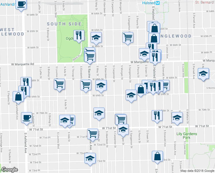 map of restaurants, bars, coffee shops, grocery stores, and more near 1038 West 69th Street in Chicago