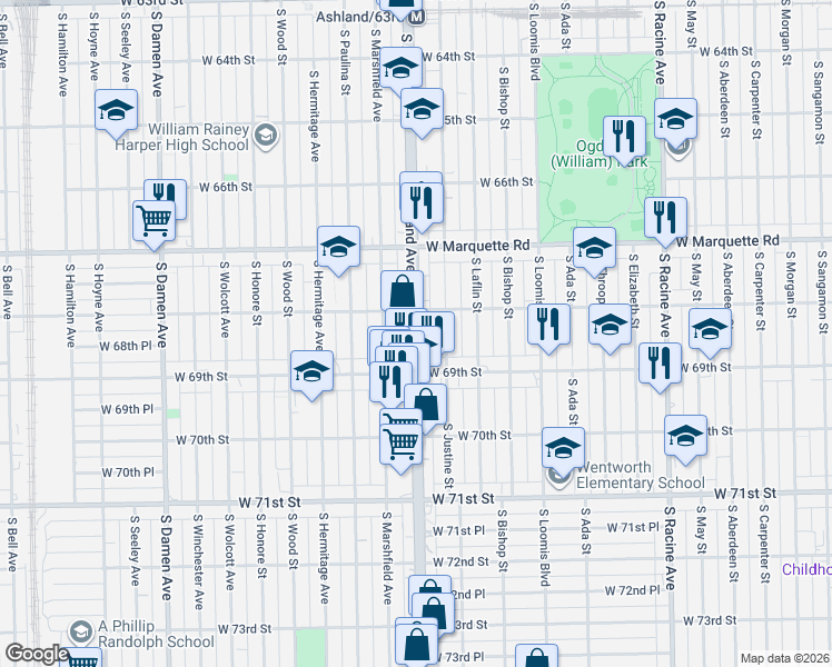 map of restaurants, bars, coffee shops, grocery stores, and more near 6849 South Marshfield Avenue in Chicago