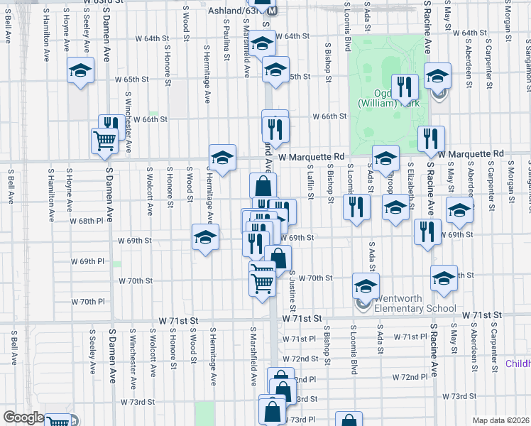 map of restaurants, bars, coffee shops, grocery stores, and more near 6849 South Marshfield Avenue in Chicago