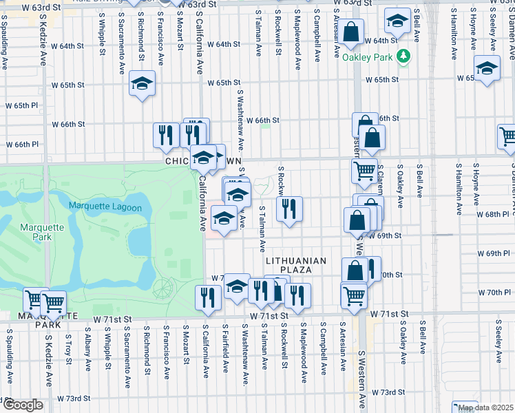 map of restaurants, bars, coffee shops, grocery stores, and more near 6834 South Talman Avenue in Chicago