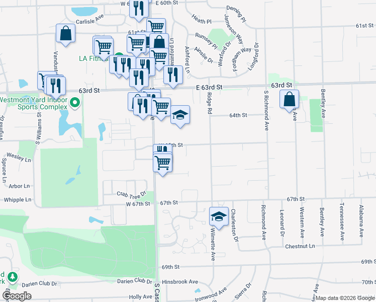 map of restaurants, bars, coffee shops, grocery stores, and more near 45 Falcon Place in Westmont