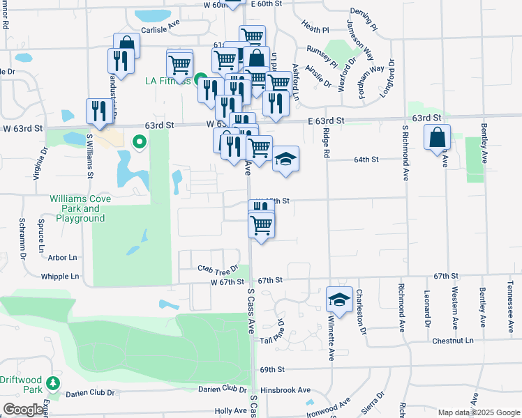 map of restaurants, bars, coffee shops, grocery stores, and more near 6501 South Cass Avenue in Westmont