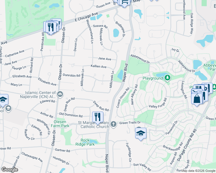 map of restaurants, bars, coffee shops, grocery stores, and more near 344 Millcreek Lane in Naperville