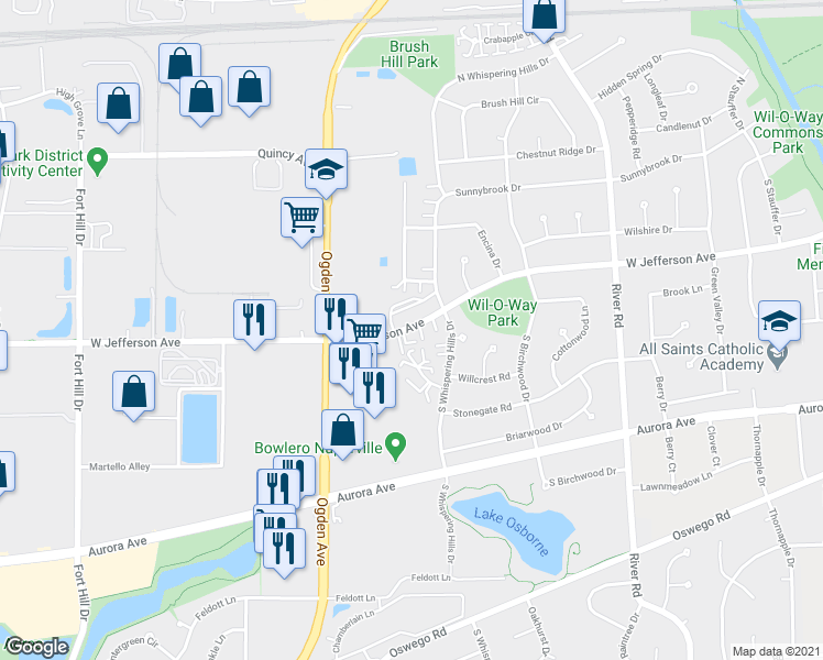 map of restaurants, bars, coffee shops, grocery stores, and more near 1508 West Jefferson Avenue in Naperville