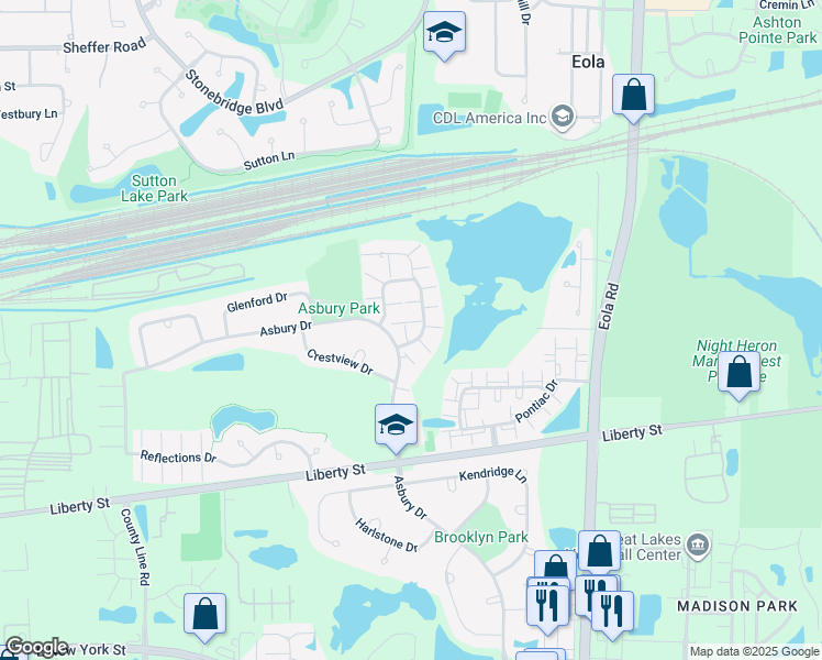 map of restaurants, bars, coffee shops, grocery stores, and more near 927 Asbury Drive in Aurora