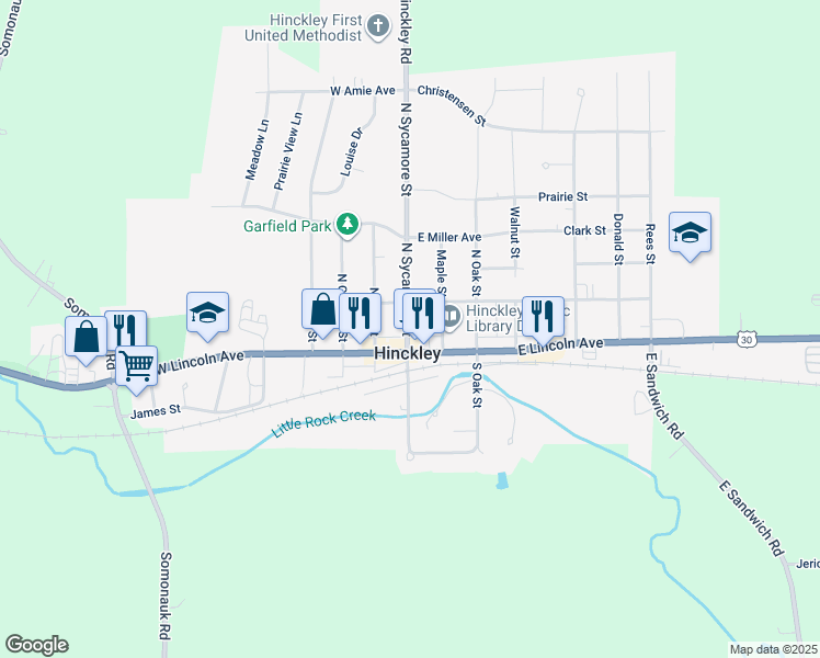 map of restaurants, bars, coffee shops, grocery stores, and more near in Hinckley