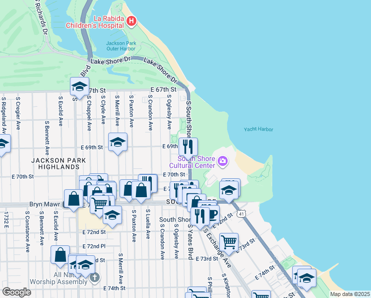 map of restaurants, bars, coffee shops, grocery stores, and more near 6900 South South Shore Drive in Chicago