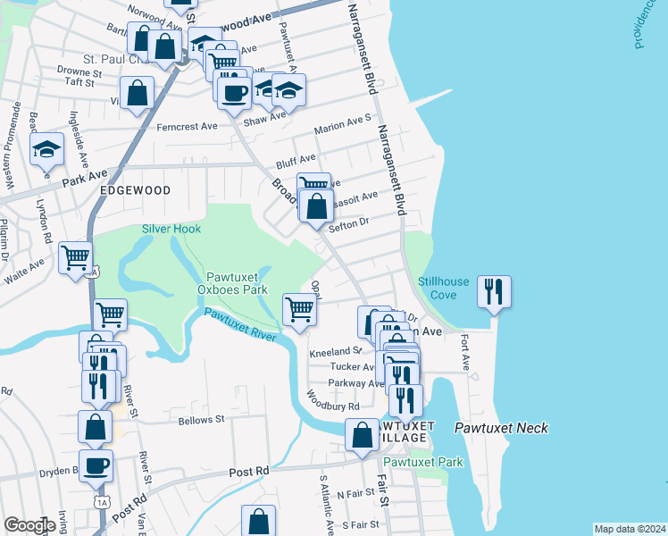 map of restaurants, bars, coffee shops, grocery stores, and more near 2045 Broad Street in Cranston