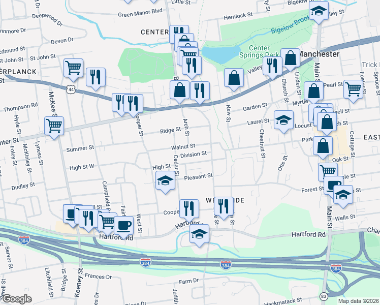 map of restaurants, bars, coffee shops, grocery stores, and more near 25 Division Street in Manchester
