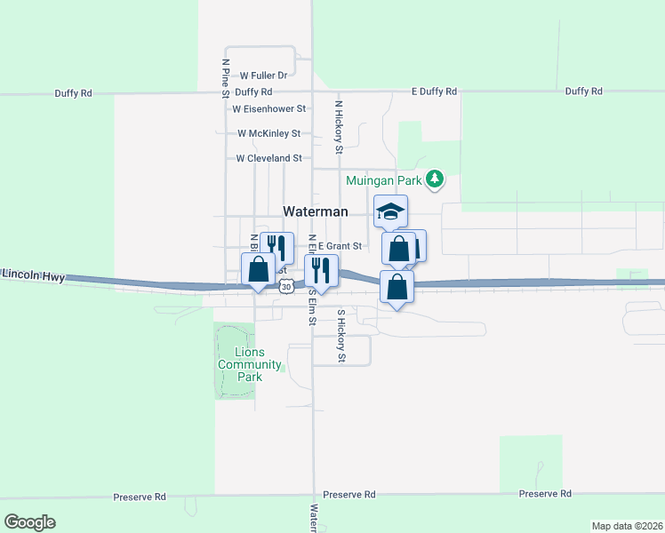 map of restaurants, bars, coffee shops, grocery stores, and more near 142 East Lincoln Highway in Waterman