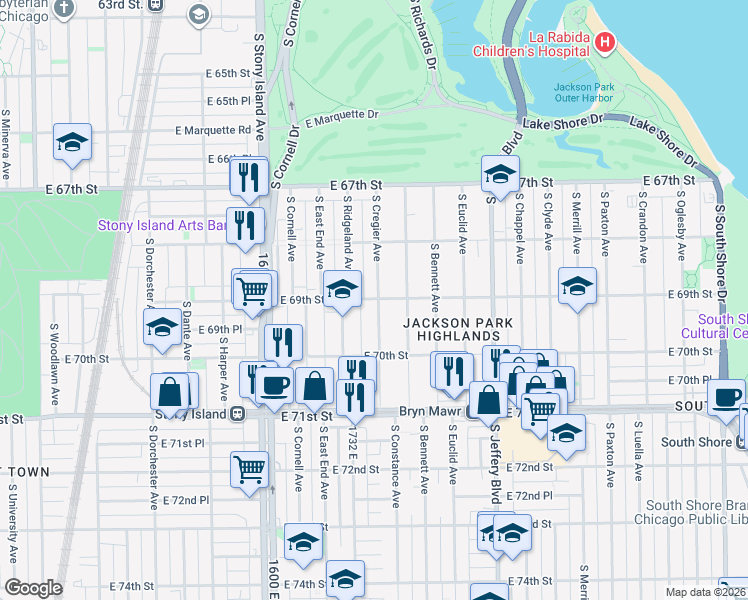map of restaurants, bars, coffee shops, grocery stores, and more near 6926 South Cregier Avenue in Chicago