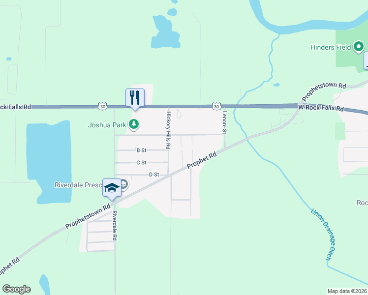 map of restaurants, bars, coffee shops, grocery stores, and more near 3005 Prophet Road in Rock Falls