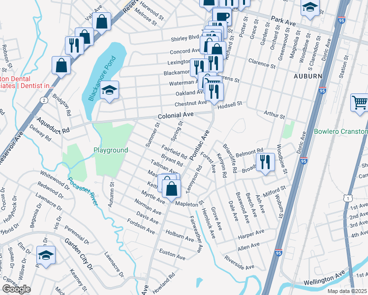 map of restaurants, bars, coffee shops, grocery stores, and more near 24 Waldron Avenue in Cranston