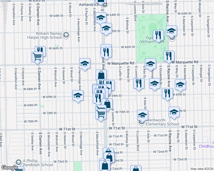 map of restaurants, bars, coffee shops, grocery stores, and more near 6842 South Justine Street in Chicago