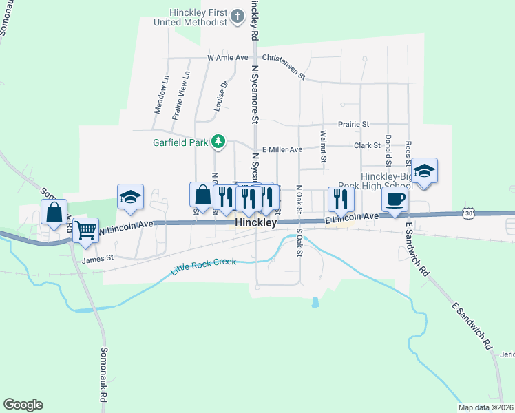 map of restaurants, bars, coffee shops, grocery stores, and more near 148 North Sycamore Street in Hinckley