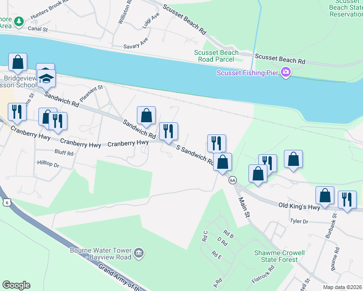 map of restaurants, bars, coffee shops, grocery stores, and more near 1067 South Sandwich Road in Plymouth