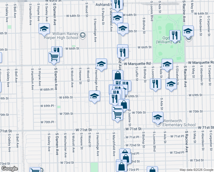 map of restaurants, bars, coffee shops, grocery stores, and more near 6759 South Paulina Street in Chicago
