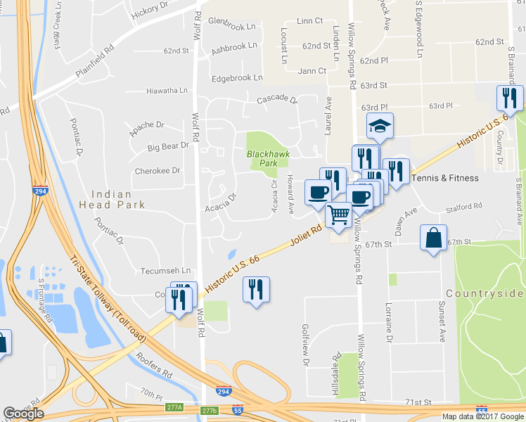 map of restaurants, bars, coffee shops, grocery stores, and more near 129 Acacia Circle in Indian Head Park