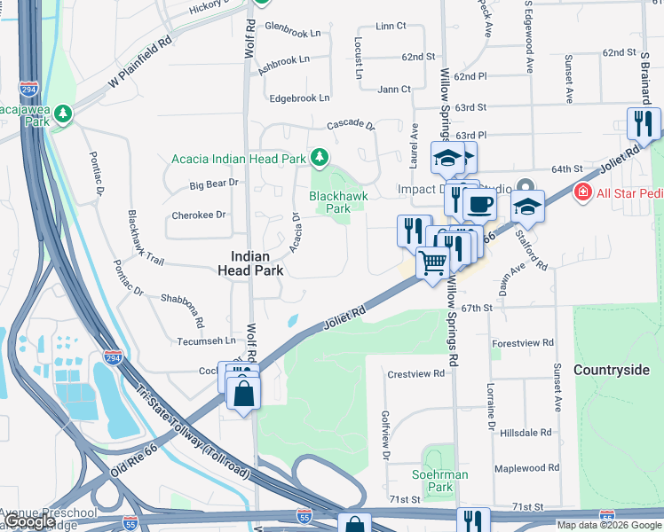 map of restaurants, bars, coffee shops, grocery stores, and more near 129 Acacia Circle in Indian Head Park