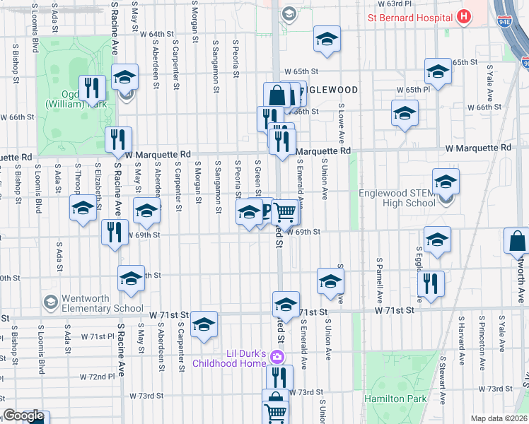 map of restaurants, bars, coffee shops, grocery stores, and more near 6800 South Halsted Street in Chicago