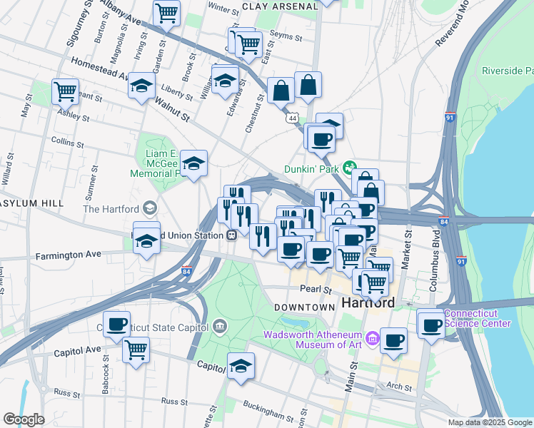 map of restaurants, bars, coffee shops, grocery stores, and more near in Hartford