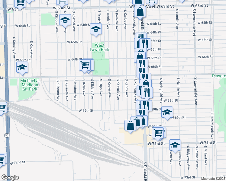map of restaurants, bars, coffee shops, grocery stores, and more near 6726 South Keeler Avenue in Chicago