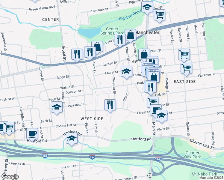 map of restaurants, bars, coffee shops, grocery stores, and more near 114 Park Street in Manchester