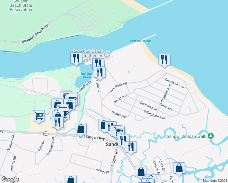 map of restaurants, bars, coffee shops, grocery stores, and more near 7 Coast Guard Road in Sandwich
