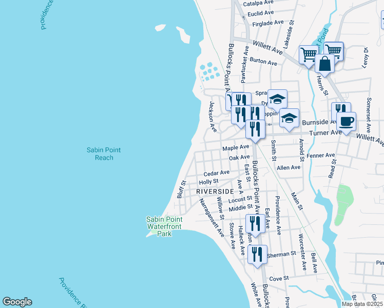 map of restaurants, bars, coffee shops, grocery stores, and more near 121 Maple Avenue in East Providence