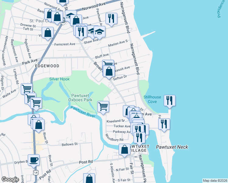 map of restaurants, bars, coffee shops, grocery stores, and more near 2015 Broad Street in Cranston