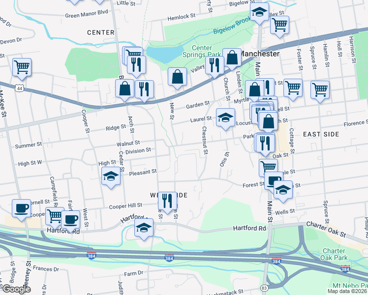 map of restaurants, bars, coffee shops, grocery stores, and more near 145 Park Street in Manchester