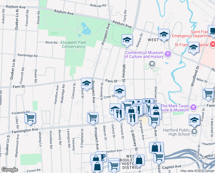 map of restaurants, bars, coffee shops, grocery stores, and more near 211 Oxford Street in Hartford