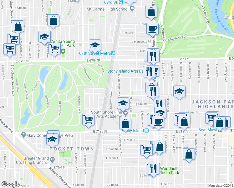 map of restaurants, bars, coffee shops, grocery stores, and more near 6831 South Dorchester Avenue in Chicago
