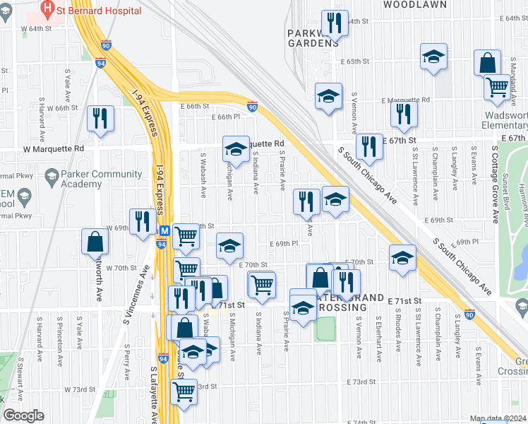 map of restaurants, bars, coffee shops, grocery stores, and more near 6817 South Indiana Avenue in Chicago