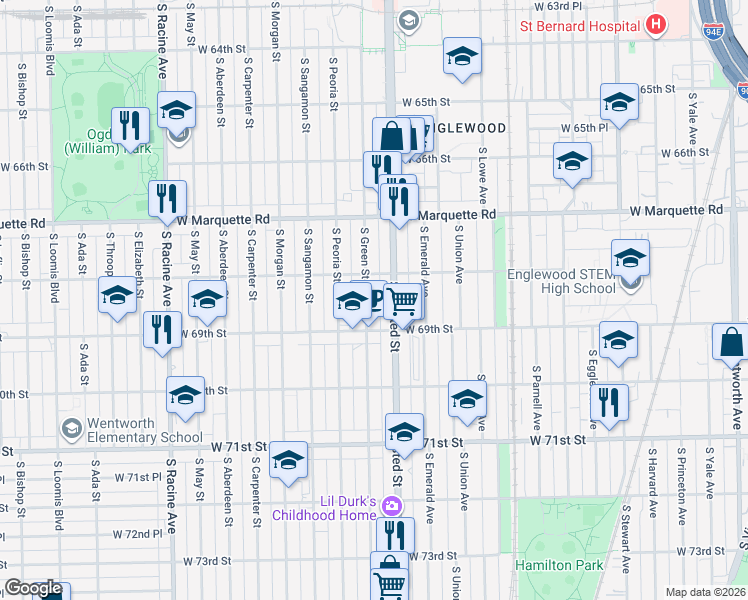 map of restaurants, bars, coffee shops, grocery stores, and more near 6800 South Halsted Street in Chicago