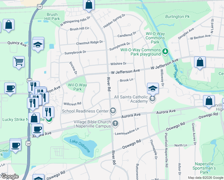 map of restaurants, bars, coffee shops, grocery stores, and more near 312 South River Road in Naperville