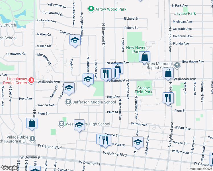 map of restaurants, bars, coffee shops, grocery stores, and more near 1005 West Illinois Avenue in Aurora