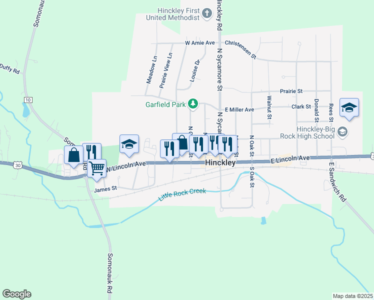 map of restaurants, bars, coffee shops, grocery stores, and more near 209 North Garfield Street in Hinckley